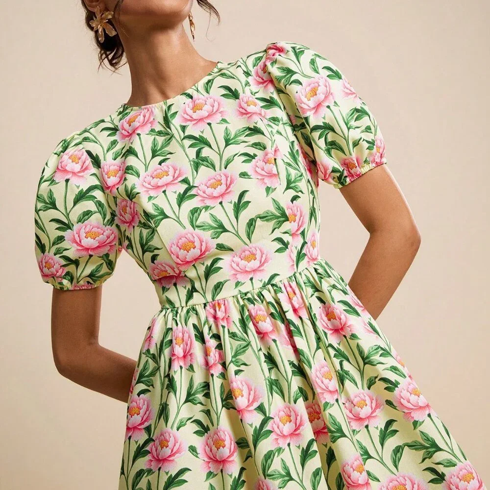 Yellow Boho Women's Floral Print Round-Neck Puff Sleeve A-Line Midi Dress_5